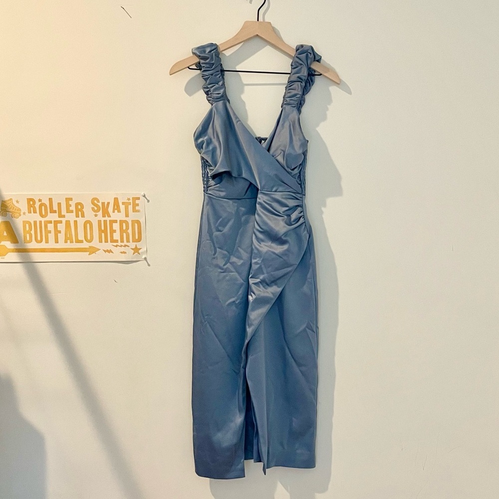 Anthropologie Ruched Sweetheart Dress Blue Grey Satin - Picture 4 of 16